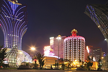 The illuminated Casino Hotel Grand Lisboa at night, Macao, China, Asia