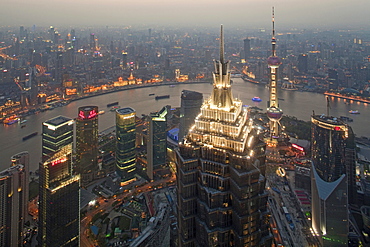 View at illuminated Jin Mao Tower, city and Huangpu river in the evening, Bund, Pudong, Shanghai, China, Asia