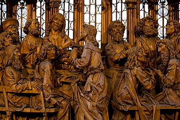 Holy Blood altar piece, detail of the Last Supper from woodcarver Tilman Riemenschneider in St. Jakob's church in Rothenburg ob der Tauber, Bavaria, Germany, Europe