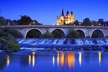 View over Lahn river with bridge to cathedral, Limburg, Hesse, Germany