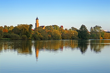 View over Main river to Volkach, Franconia, Bavaria, Germany