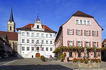 Market square with church, town hall and hotel, Iphofen, Franconia, Bavaria, Germany