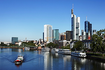 View over river Main to high-rise buildings, Frankfurt am Main, Hesse, Germany