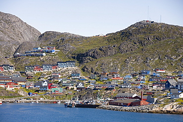 View at coastal town Qaqortoq in the sunlight, Kitaa, South Greenland