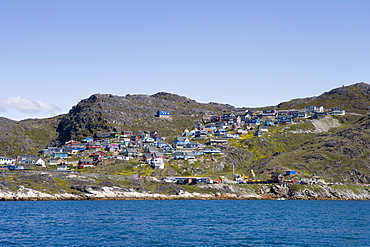 View at coastal town Qaqortoq in the sunlight, Kitaa, South Greenland