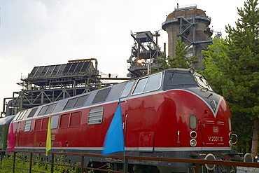 Historical train at North Duisburg Landscape Park, Former Meiderich Ironworks, Closed down in 1985, Industrial Heritage Trail, Ruhrgebiet, North Rhine-Westphalia, Germany, Europe