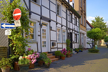 Half-timbered houses - some of them slated - in the centre of Muelheim a. d. Ruhr, Ruhrgebiet, North Rhine-Westphalia, Germany, Europe