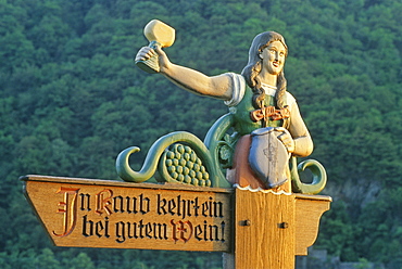 Advertising sign for wine, near Kaub, Rhine river, Rhineland-Palatinate, Germany