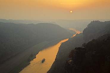 View from the Bastei towards the river Elbe at sunset, Elbe sandstone mountains, near Dresden, Saxony, Germany