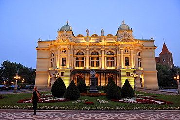 The theater Teatr Slowackiego at dusk, Krakow, Poland, Europe