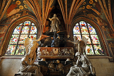 View at statues and stained glass windows inside Wawel cathedral, Krakow, Poland, Europe