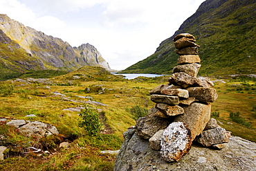 Cairn as a track marker in the mountains, Lofoten, Norway, Scandinavia, Europe