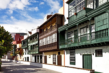 Houses with wooden balconies at the seaside promenade, Santa Cruz, La Palma, Canary Islands, Spain, Europe