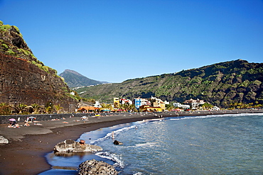 Coastal town Puerto Tazacorte under blue sky, Caldera de Taburiente, La Palma, Canary Islands, Spain, Europe