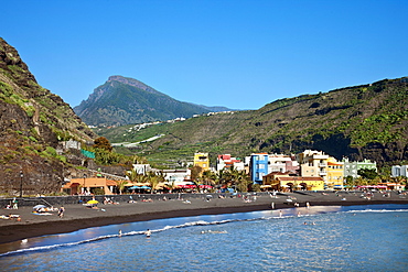 Coastal town Puerto Tazacorte under blue sky, Caldera de Taburiente, La Palma, Canary Islands, Spain, Europe