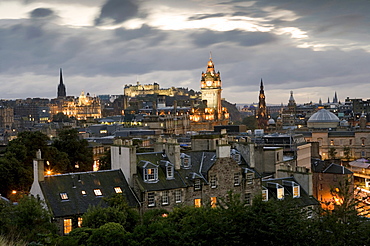 View from Calton Hill towards Edinburgh Castle, Clock tower is the Balmoral Hotel, Edinburgh, Scotland, Europe