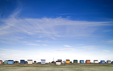 Beach huts in Littlestone on Sea, Kent, England, Great Britain, Europe