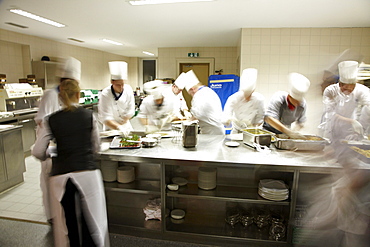 Cooks inside vast kitchen, Hotel Waldhaus, Flims, Canton of Grisons, Switzerland