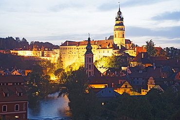 Panoramic view with the Vltava river, the castle and the church of St. Jost, Cesky Krumlov, South Bohemian Region, Czech Republic