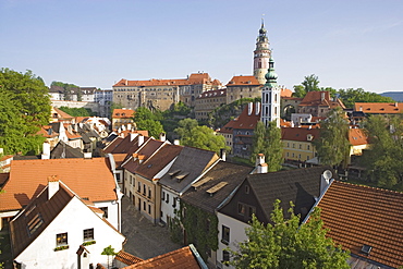 Panoramic view over the old town and the castle from the garden of the former Jesuit college, Cesky Krumlov, South Bohemian Region, Czech Republic