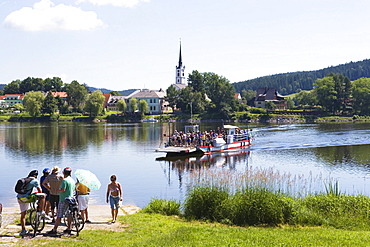 Ferry crossing the Lipno dam in Frymburk, South Bohemia, Sumava, Czech republic