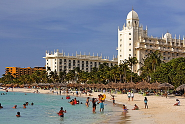 Aruba, Palm Beach, West Indies, Dutch Carribean, Central America, local people at the beach on sunday, Riu Hotel Casino