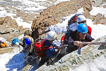 Group mountaineers ascending Matterhorn, Zermatt, Canton of Valais, Switzerland