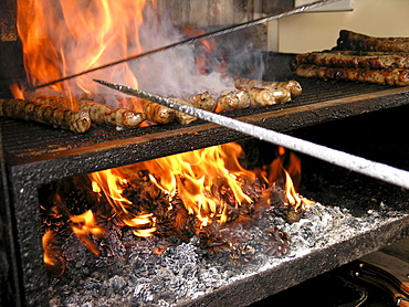 Grill with Coburger fried sausages, Coburg, Franconia, Bavaria, Germany