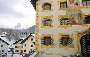 Decorated house in the village of Tarasp, Lower Engadine, Engadine, Switzerland