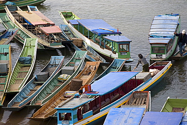 Colourful boats on the river Nam Ou, Luang Prabang province, Laos