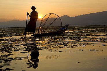 Intha fisherman on his fishing boat on Inle Lake at sunset, Shan State, Myanmar, Burma