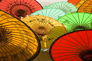 Colorful umbrellas made of paper and bamboo in Mandalay, Myanmar, Burma