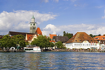 View over lake Constance to Uberlingen with Saint Nicholas church, Baden-Wurttemberg, Germany