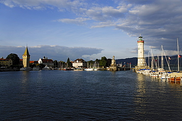 Port entrance with New Lindau Lighthouse and Bavarian Lion, Lindau, Bavaria, Germany