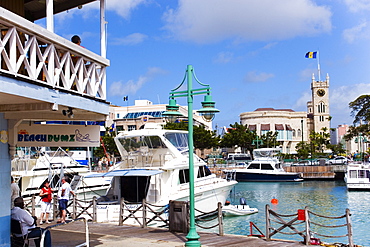 View over marina to parliament building and Waterfront Cafe, Bridgetown, Barbados, Caribbean