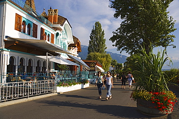 People walking along promenade, Montreux, Canton of Vaud, Switzerland