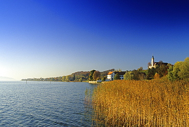 View from the lakeshore to the pilgrimage church of Birnau abbey under blue sky, Lake Constance, Baden Wurttemberg, Germany