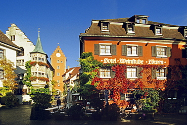 Houses at the Old Town under blue sky, Meersburg, Baden Wurttemberg, Germany