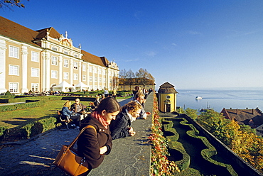 People at the castle terrace with view at Lake Constance, Meersburg, Lake Constance, Baden Wurttemberg, Germany