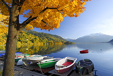 Boats at lake Zeller in autumn, Zell am See, Salzburg, Austria