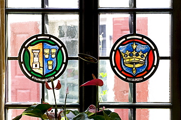 Window with emblem, Hotel and Restaurant Loewen, Marktbreit, Franconia, Bavaria, Germany