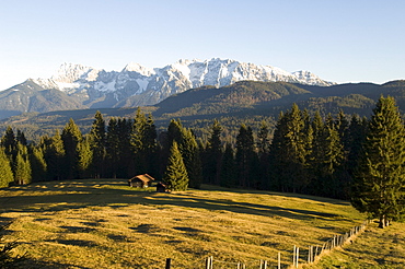 Idyllic scenery and mountains in the sunlight, Karwendel, Werdenfelser Land, Bavaria, Germany