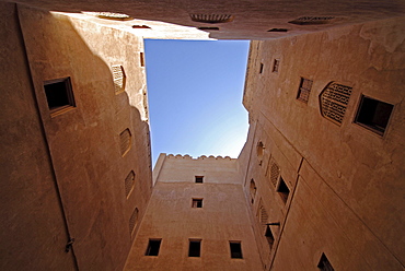 Low angle view from the courtyard of Fort Jabrin, Oman, Asia