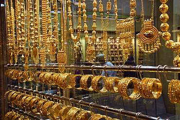 Gold jewellery in a shop at the Matrah district, Muscat, Oman, Asia