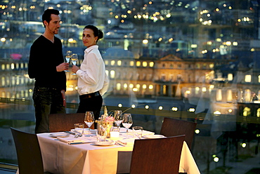 Restaurant Cube with view at the New Castle, Stuttgart, Baden-Wurttemberg, Germany