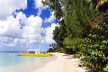 People entering a catamaran, Mullins Bay, Speightstown, Barbados, Caribbean