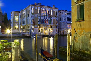 Canal Grande at night with view towards Palazzo Cavalli Franchetti, Venice, Italy, Europe