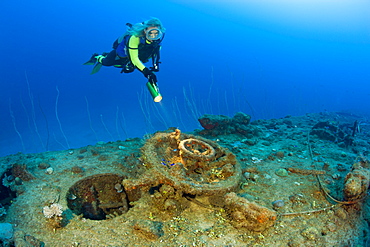 Diver and Hatch of USS Apogon Submarine, Marshall Islands, Bikini Atoll, Micronesia, Pacific Ocean