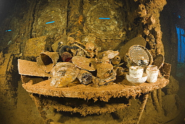 Tableware and Artifacts on Brigde of USS Saratoga, Marshall Islands, Bikini Atoll, Micronesia, Pacific Ocean