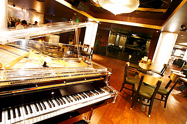 View at a piano at the Florida Room Bar and Lounge at the Delano Hotel, South Beach, Miami Beach, Florida, USA